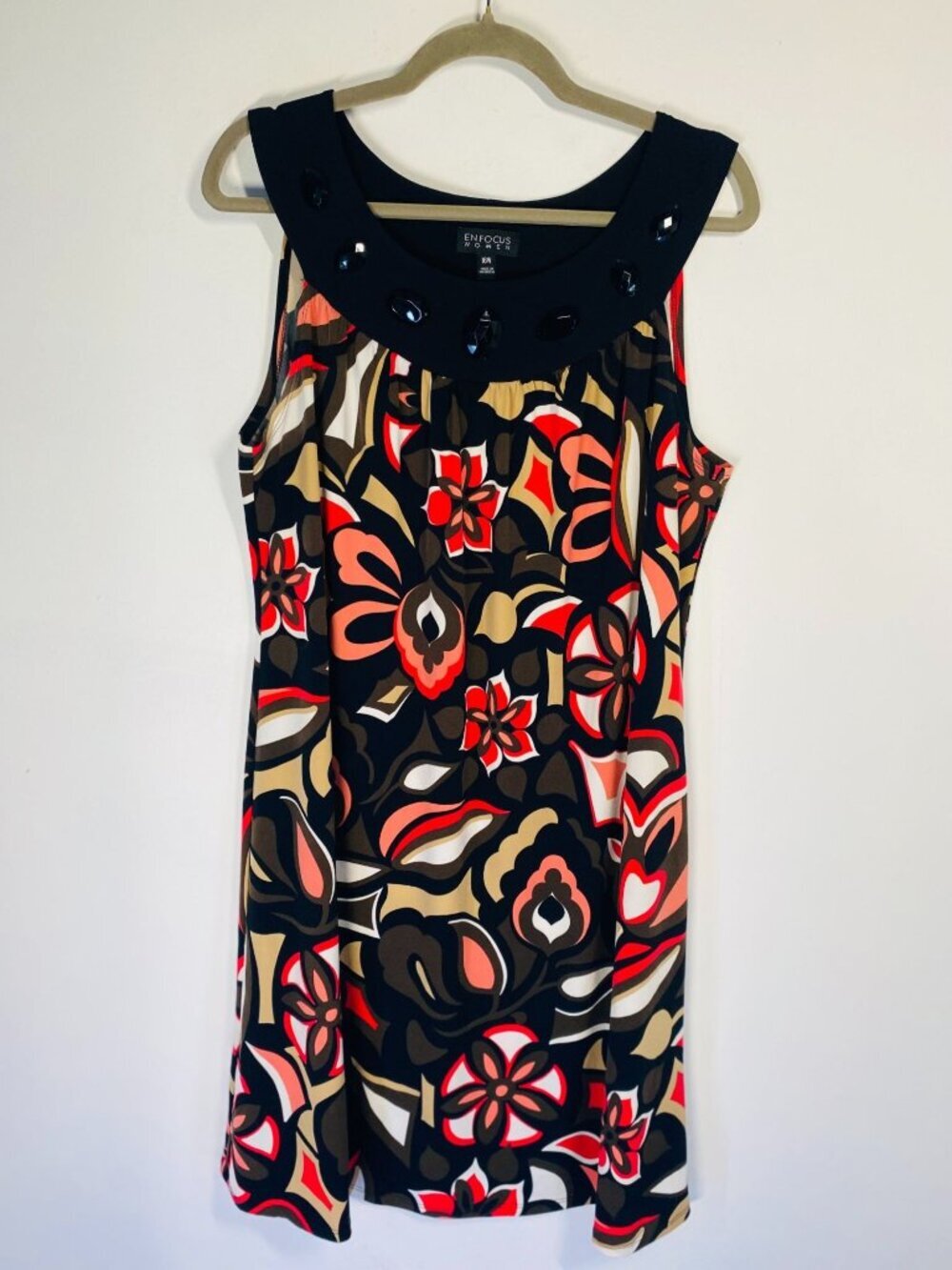Enfocus Women Sleeveless Beaded Collar Floral Print Dress 16W Multicolor